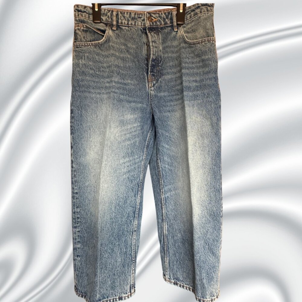 We The Free Wide Leg Crop Denim Jeans Sz 31 Button Fly Medium Wash - Picture 7 of 16